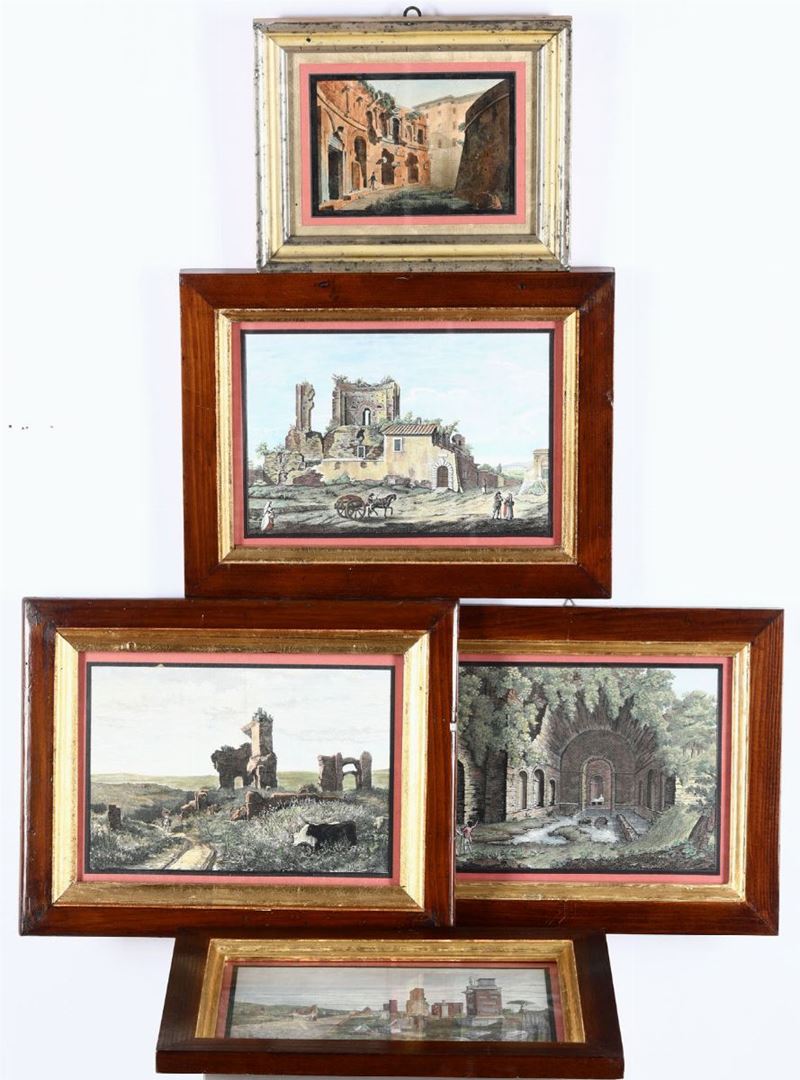 Insieme di cinque stampe acquerellate con vedute di Roma, XIX secolo  - Asta Pittura - Cambi Casa d'Aste