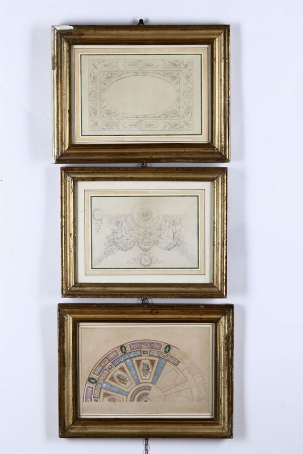 Tre disegni con decori murali, XIX secolo