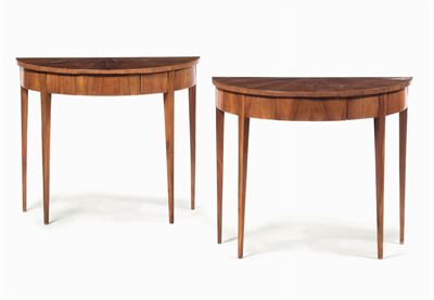 Coppia di Consoles Demi-lune in Stile Direttorio Lastronate in Ciliegio, XX Secolo