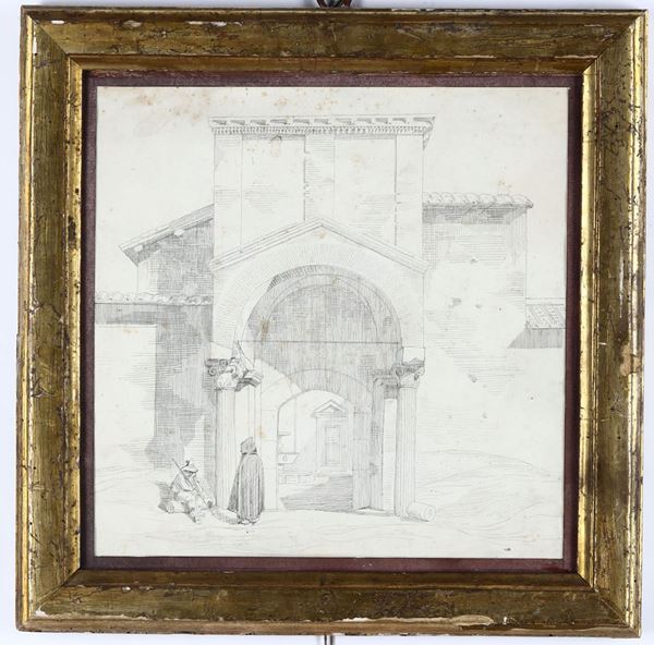 Disegno di chiesa entro cornice dorata, XIX secolo