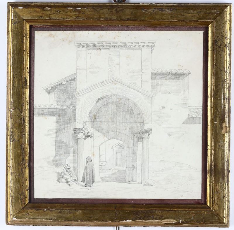 Disegno di chiesa entro cornice dorata, XIX secolo  - Asta Pittura - Cambi Casa d'Aste