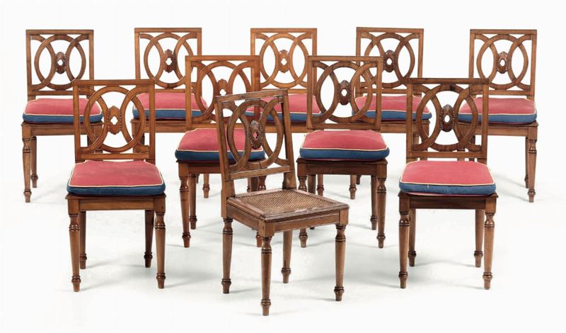 Gruppo di dieci sedie in ciliegio in stile direttorio, dal XVIII al XX secolo  - Auction Fine Art - Cambi Casa d'Aste