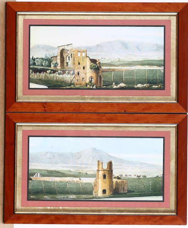 Coppia di stampe raffiguranti paesaggi con rovine, XX secolo