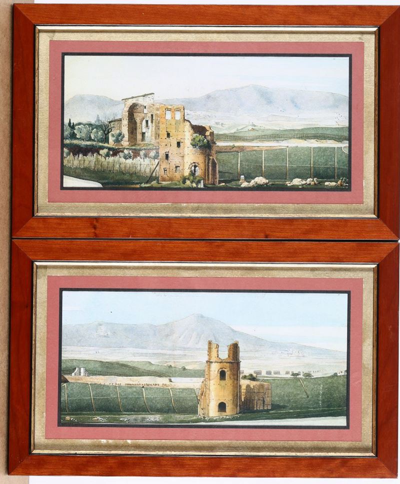 Coppia di stampe raffiguranti paesaggi con rovine, XX secolo  - Asta Antiquariato - Cambi Casa d'Aste