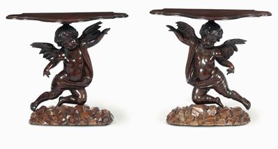Coppia di Consoles in Legno Intagliato con Putti Alati(elementi Antichi)
