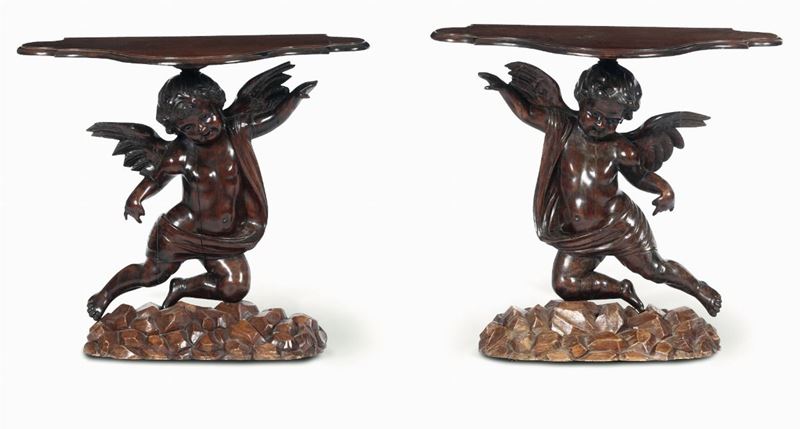 Coppia di consoles in legno intagliato con putti alati(elementi antichi)  - Auction Antiques I - Timed Auction - Cambi Casa d'Aste