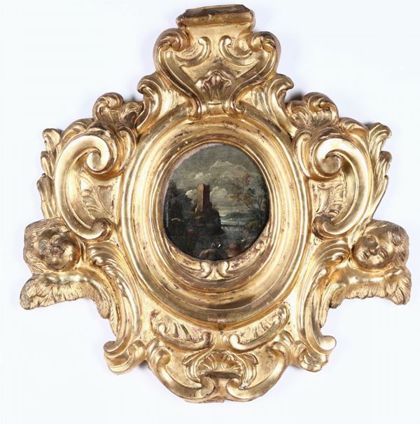 Coppia di piccoli dipinti ad olio su tavola raffiguranti paesaggi, in cornici dorate ed intagliate, XVIII secolo