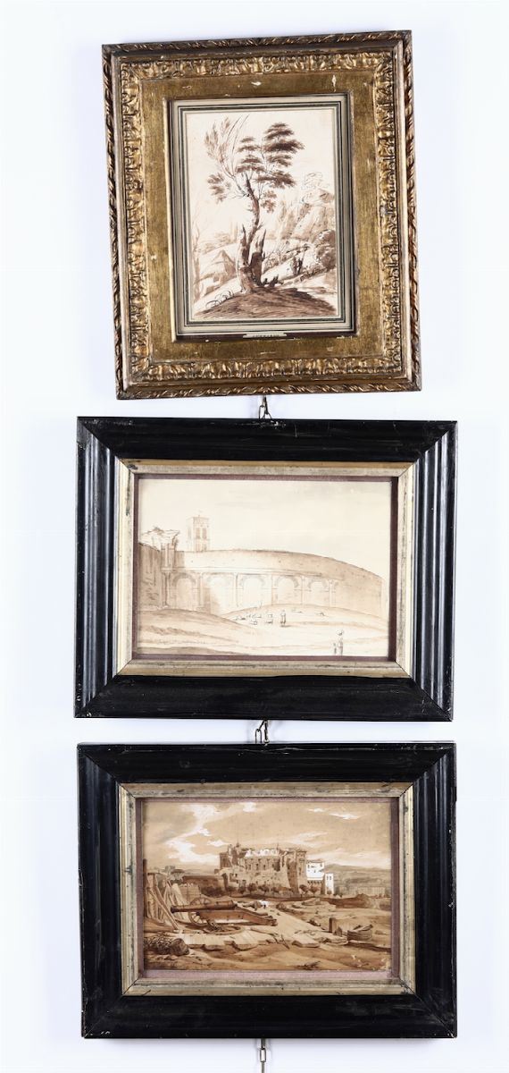 Tre disegni raffiguranti architetture e paesaggi  - Auction Paintings - Cambi Casa d'Aste