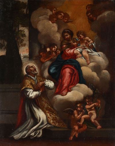 Pietro da Cortona (cortona 1596 - Roma 1669), Copia Damadonna con Bambino e Santo Orante