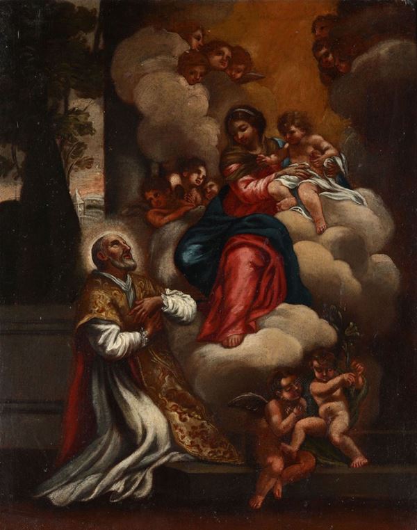 Pietro da Cortona (Cortona 1596 - Roma 1669), copia da Madonna con Bambino e santo orante
