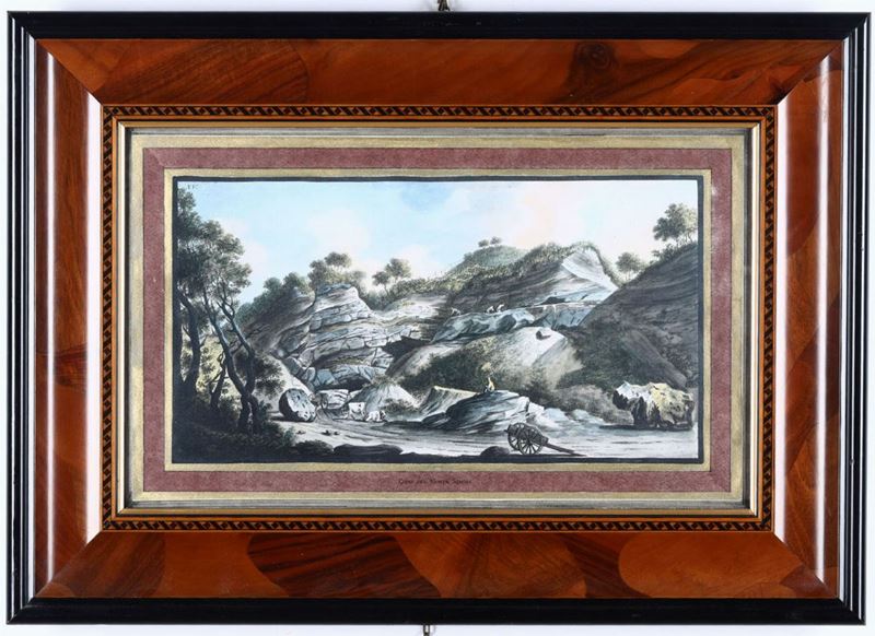 Stampa acquerellata raffigurante paesaggio, XIX secolo  - Asta Antiquariato I - Asta a Tempo - Cambi Casa d'Aste