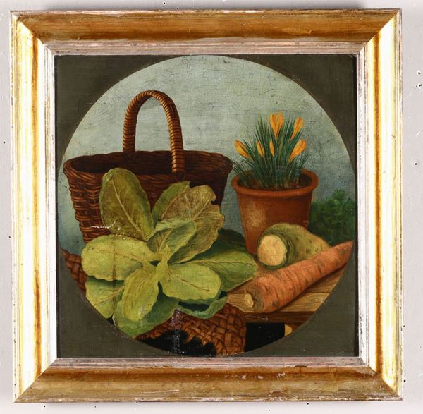 Pittore del XIX-XX secolo Natura morta con cestino e verdura