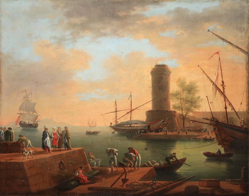 Charles Francois Grenier Delacroix (Marsiglia 1720 - Berlino 1782) Scena di porto  - Asta Dipinti Antichi - Cambi Casa d'Aste
