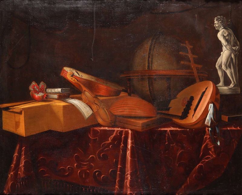 Bartolomeo Bettera (Bergamo 1639 - Milano 1668), attribuito a Natura morta con strumenti musicali  - Asta Dipinti Antichi - Cambi Casa d'Aste