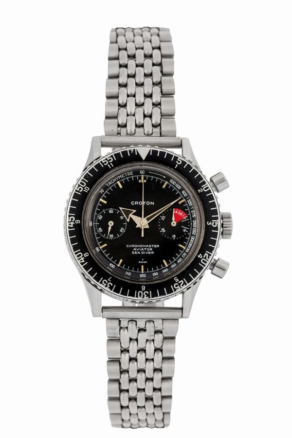 CROTON, Chronomaster, Aviator, Sea Diver, Ref. 9870. Orologio da polso, cronografo, impermeabile, in acciaio con bracciale Nivada e chiusura deployante. Realizzato nel 1960