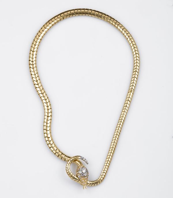 Gold and diamond necklace. Modelled as a snake