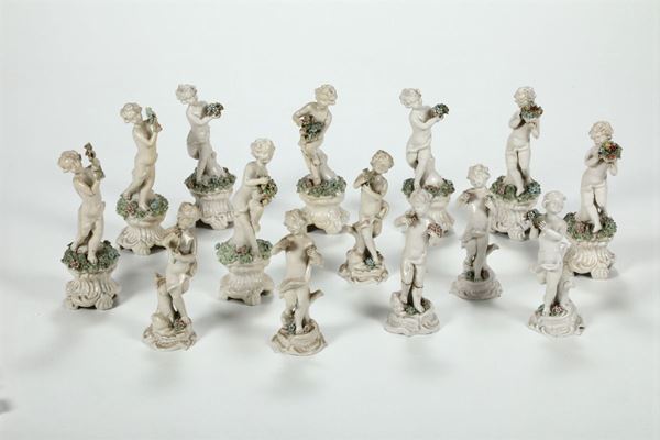 Gruppo di 14 piccole sculture in terraglia raffiguranti giovani ignudi con fiori, XX secolo