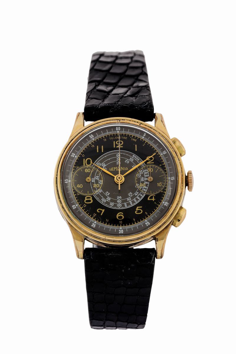 LEMANIA, cassa No. 38537. orologio da polso, placcato oro, cronografo. Realizzato nel 1940 circa  - Asta Orologi da polso e da tasca - Cambi Casa d'Aste