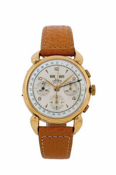 Unver Watch. Ref. 3130. Orologio da Polso, Oversized, Oro Giallo 18k, Cronografo con Triplo Calen...