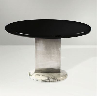 Tavolo con Base in Marmo, Struttura in Plexiglass e Piano in Legno Laccato.