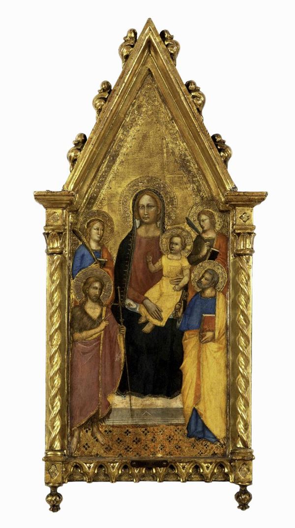 Maestro della Madonna della Misericordia (attivo a Firenze tra il 1360 e il 1390) Madonna in trono col Bambino tra due Santi Martiri e i Santi Giovanni Battista e Pietro