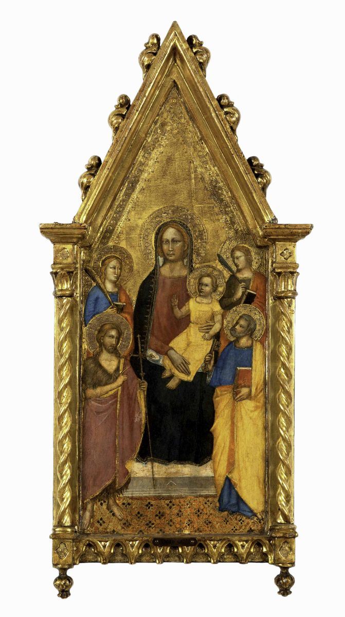 Maestro della Madonna della Misericordia (attivo a Firenze tra il 1360 e il 1390) Madonna in trono col Bambino tra due Santi Martiri e i Santi Giovanni Battista e Pietro  - Asta Dipinti Antichi - Cambi Casa d'Aste