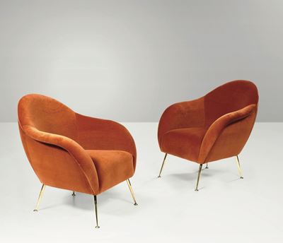 Coppia di Poltrone con Struttura in Legno, Sostegni in Ottone e Rivestimenti in Tessuto.