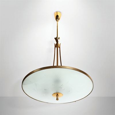 Lampada a Sospensione con Struttura in Ottone e Diffusore in Vetro.