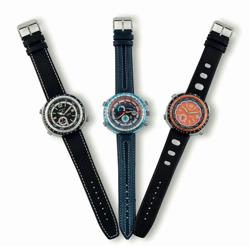  Set di 3 orologi Diver, in acciaio. Realizzati nel 1970 circa  - Asta Orologi da polso e da tasca - Cambi Casa d'Aste