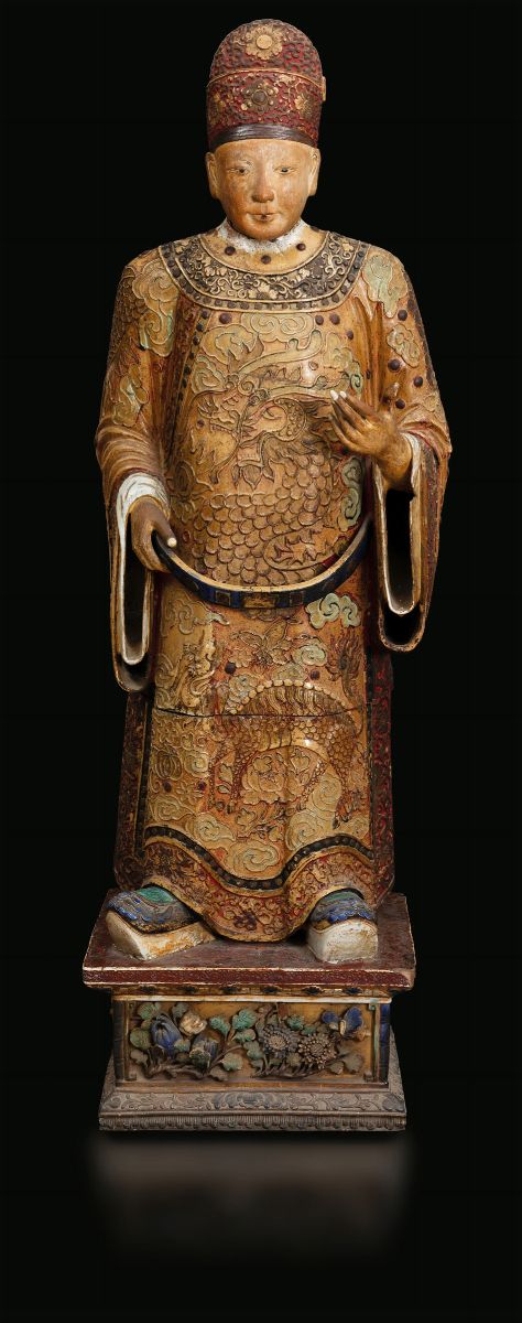Coppia di Rare e Grandi Sculture in Grès Policromo Raffiguranti Personaggi di Corte Stanti su Bas...
