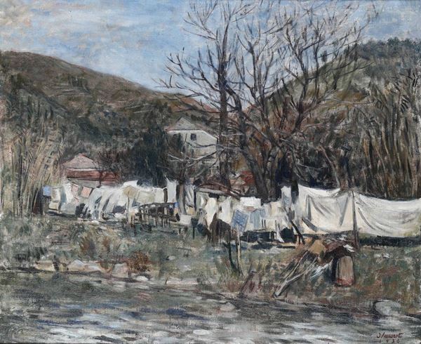 Oscar Saccorotti (1898 - 1986) Panni ad asciugare lungo il torrente Sturla, 1936