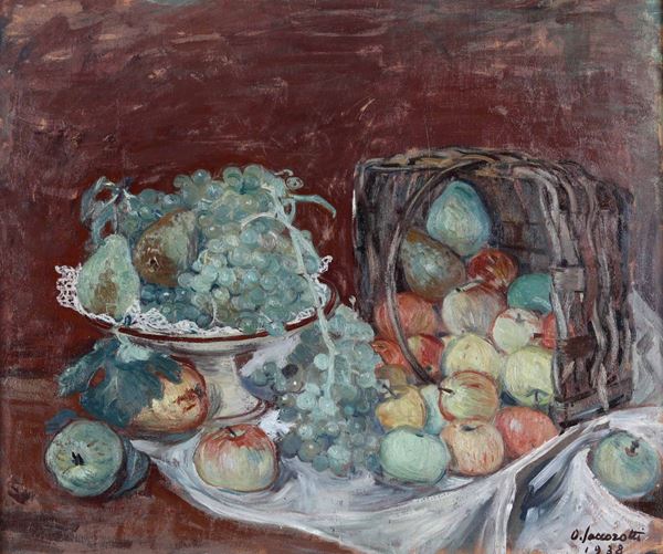 Oscar Saccorotti (1898 - 1986) Natura morta con cesto e mele, 1938