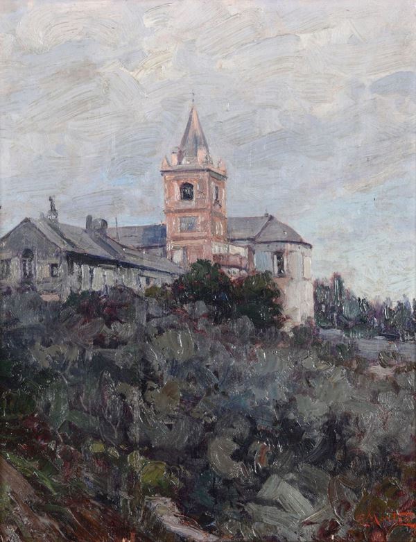 Ettore Morteo (1874 - 1939) Veduta con la chiesa di Sturla, 1925