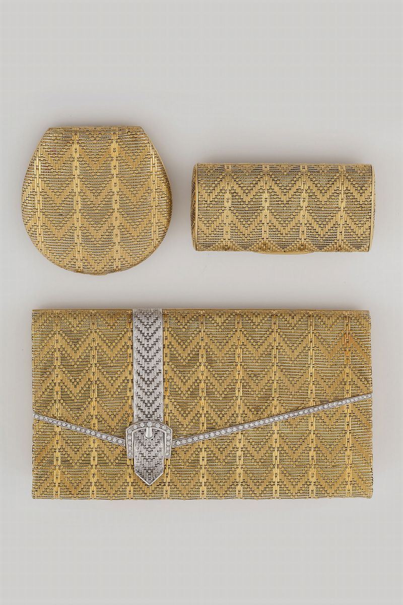 Gold and diamond lady's evening bag with two gold vanity accessories  - Auction Fine Jewels - Cambi Casa d'Aste