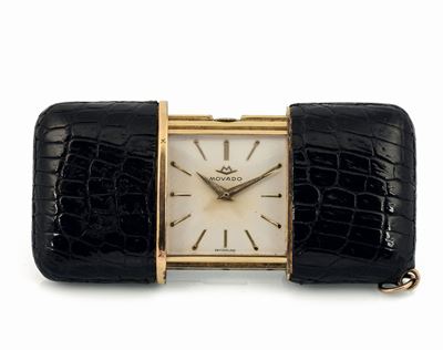 Movado. Orologio da Viaggio, in Ottone Dorato, Rivestito in Pelle. Realizzato nel 1950 Circa