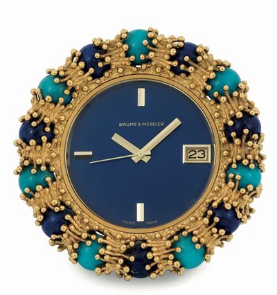 Baume & Mercier. Piccolo Orologio da Tavolo, al Quarzo, in Oro Giallo 18k, Lapislazuli e Turchesi...