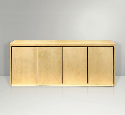 Mobile Credenza con Struttura in Legno e Rivestimenti in Pergamena. Dettagli in Ottone.