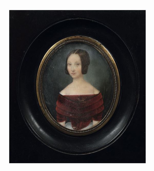 Miniatura su avorio raffigurante fanciulla con drappo rosso, A.Morlero? fece nel 1843