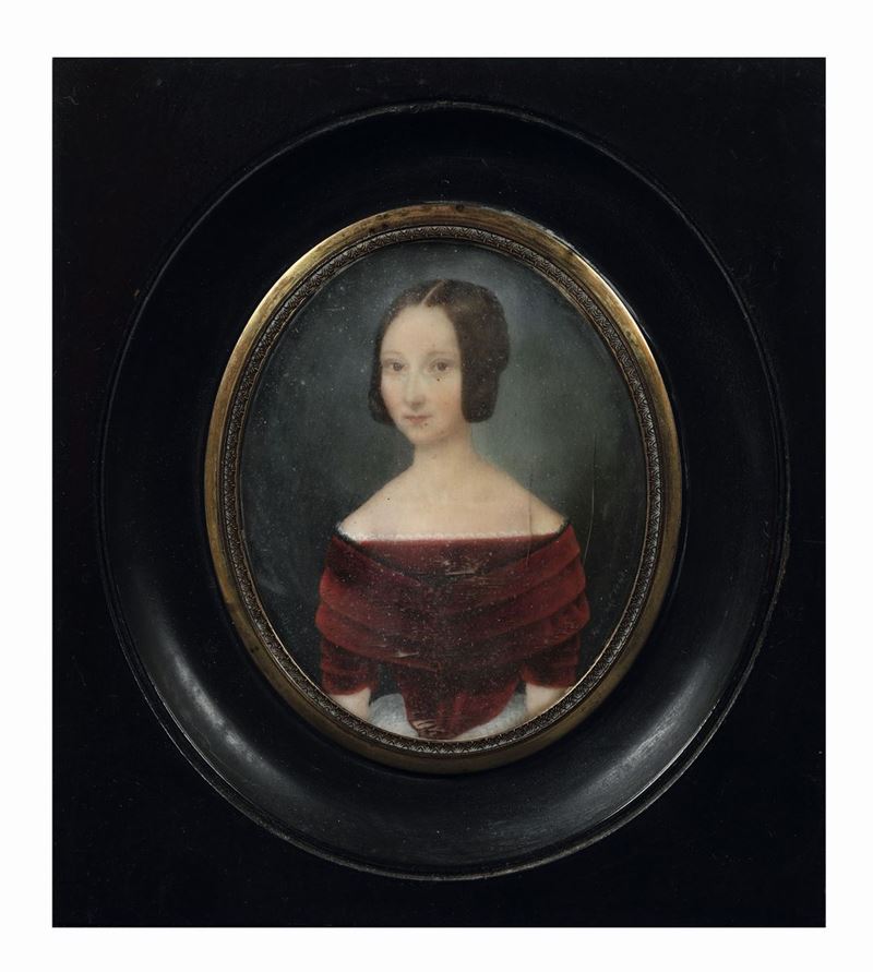 Miniatura su avorio raffigurante fanciulla con drappo rosso, A.Morlero? fece nel 1843  - Asta Antiquariato - Cambi Casa d'Aste
