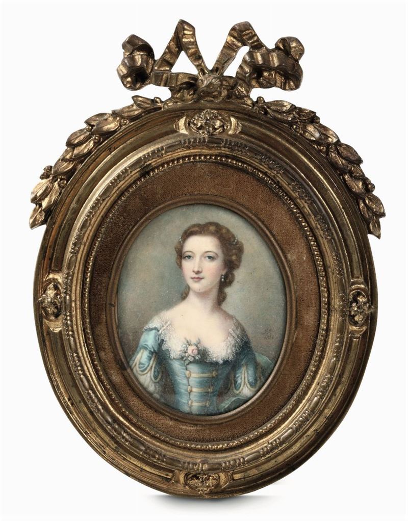 Miniatura su avorio raffigurante fanciulla con abito azzurro, firmata e datata 1756  - Auction Fine Art - Cambi Casa d'Aste