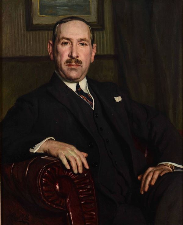 Albert Mille (1872 - 1946) Ritratto di gentiluomo in un interno