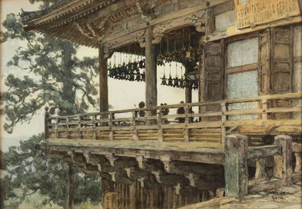 Acquerello su carta raffigurante il tempio di Nara, Giappone, firmato Yoshida Hiroshi (1876-1950)