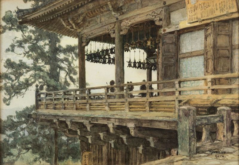 Acquerello su carta raffigurante il tempio di Nara, Giappone, firmato Yoshida Hiroshi (1876-1950)  - Asta Fine Chinese Works of Art - Cambi Casa d'Aste