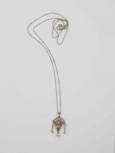 Sautoir con Perle Naturali e Diamanti di Vecchio Taglio