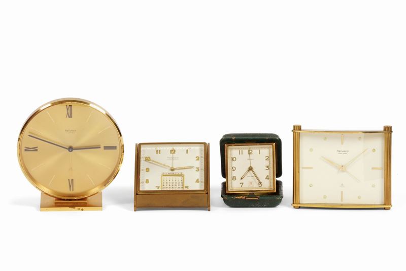 HELVECO : HELVECO, set di 4 pendolette da scrivania in ottone dorato.  - Auction Watches | Timed Auction - Cambi Casa d'Aste