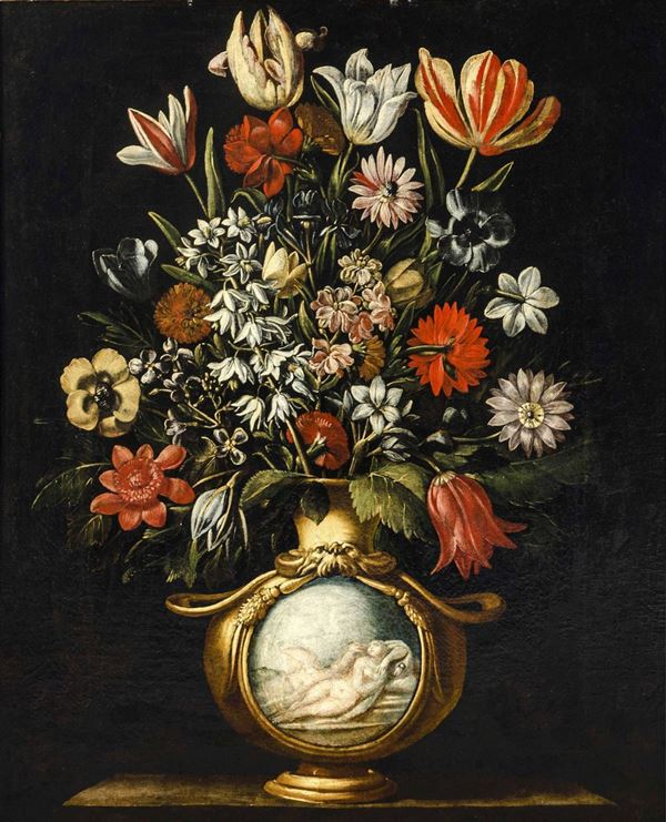 Maestro del vaso a grottesche (attivo a Roma nel primo quarto del XVII secolo) Due vasi istoriati con fiori