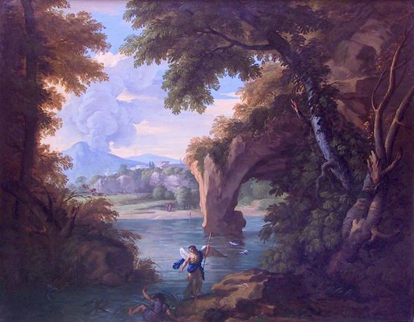 Andrea Locatelli (Roma, 1695-1741) Paesaggio laziale boschivo con Tobiolo e l’angelo