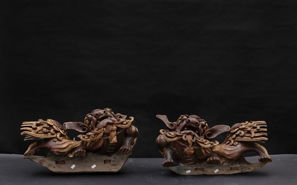 Two wood Pho dogs, China, late 1800s