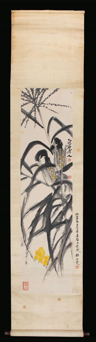 Dipinto su carta raffigurante pianta di granturco e iscrizione, Cina, XX secolo  - Asta Fine Chinese Works of Art - Cambi Casa d'Aste