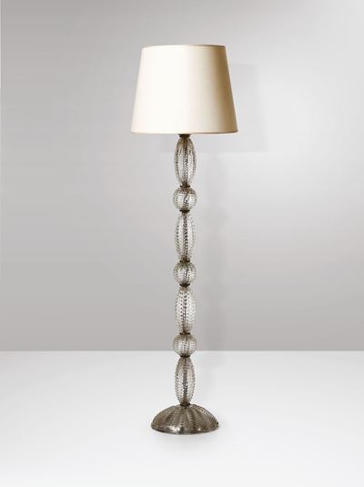 Lampada da Terra con Struttura in Metallo e Vetro di Murano. Paralume in Tessuto.